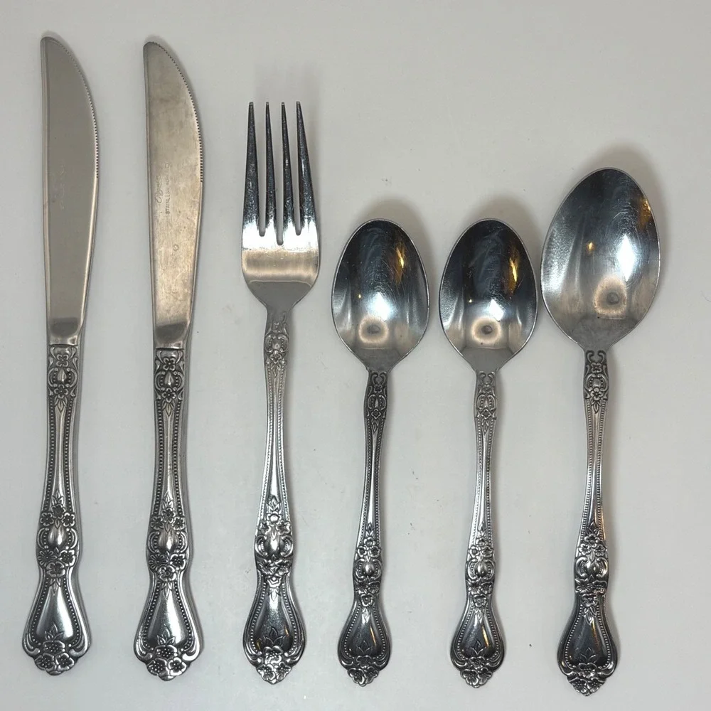 Vtg Rogers Dream Rose Stainless Flatware Korea Ornate Floral Silverware 6pc Set